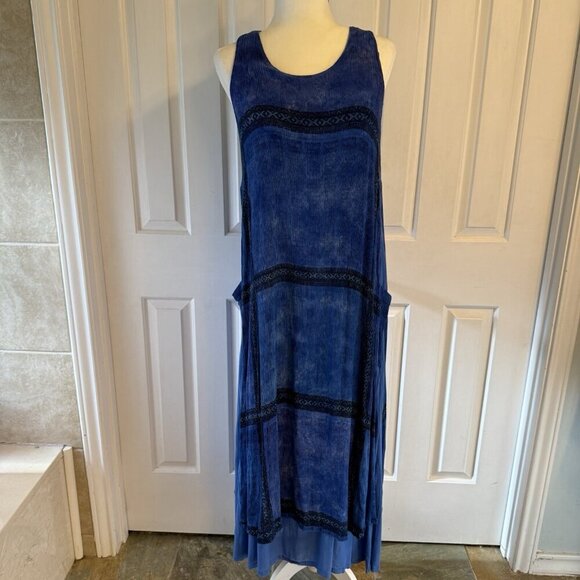 Chico's 90s Sleeveless Maxi Dress Artsy Boho Lagenlook Pockets Blue One Size - Picture 1 of 16